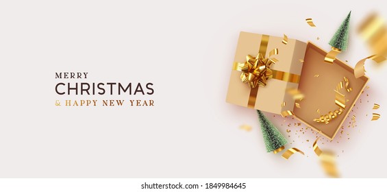 Christmas and New Year's gift. Empty Open gift box template. Xmas design Realistic decorative objects. Sale banner, surprise poster, flyer and brochure. mock up holiday. Vector flat lay, top view