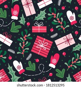 Christmas and New Year's gifts, berries and plants. Seamless pattern. Vector illustration.