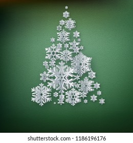 Christmas and New Years green background with Christmas Tree made of paper snowflakes. EPS 10