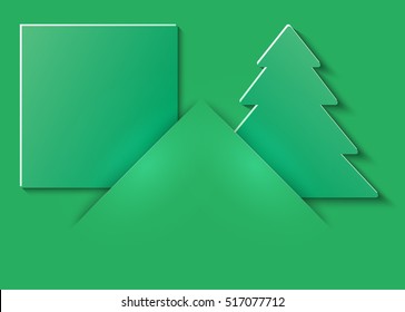 Christmas and New Years green background with pockets with Christmas tree cut out of paper and place for text. Vector illustration.