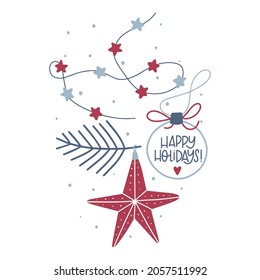 Christmas and New Year's greeting card with star. Cartoon style. Isolated on white background. Holiday. Vector illustration.