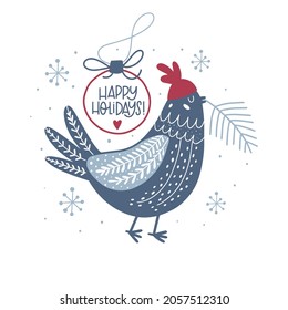 Christmas and New Year's greeting card with bird. Cartoon style. Isolated on white background. Holiday. Vector illustration.