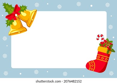 Christmas, New Year's greeting card with place for text in frame. Copy space. Christmas bells, holly leaves, Christmas sock with gifts. Winter background with snowflakes. Vector illustration
