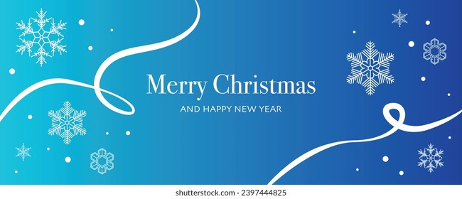 Christmas and New Year's greeting card with white snowflakes and ribbons on blue and violet gradient background