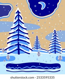 Christmas and New Year's greeting card and illustration with a color decorative winter forest landscape in flat style.  Vector illustration