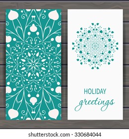 Christmas and New Year's greeting card with floral snowflake. Hand drawn design for greeting cards, fabric, wrapping paper, invitation, stationery. Wood plank vector background is in separate layer.