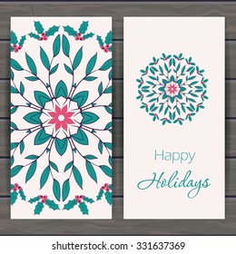 Christmas and New Year's greeting card with floral snowflake. Hand drawn design for greeting cards, fabric, wrapping paper, invitation, stationery. Wood plank vector background is in separate layer.