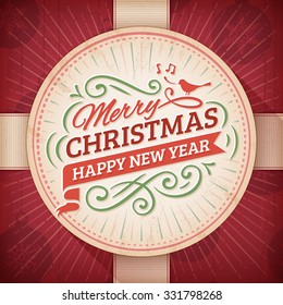 Christmas And New Year's Greeting Card With A Beige Round Label On A Red Background. File Format Is EPS10.