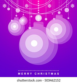 Christmas and New Year's greeting card with Balls on a gradient magenta-lilacbackground. Blend Icon on a colored background for marketing materials. Vector illustration.