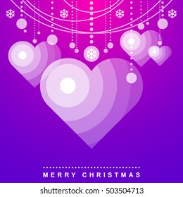 Christmas and New Year's greeting card with Hearts on a gradient magenta-lilac background. Blend Icon on a colored background for marketing materials. Vector illustration. 