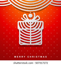 Christmas and New Year's greeting card with a Gift on a red background. Linear icon on gradient background for marketing materials. Art Deco Style. Vector illustration. 