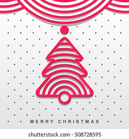 Christmas and New Year's greeting card with a red Christmas tree on a white background. Linear color icon for marketing materials. Style Contemporary Art Deco. Vector illustration.
