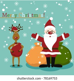 Christmas and New Years greeting card with Santa,  Deer and present
