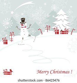  Christmas and New Years greeting card with skating happy snowman