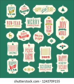 Christmas and New Years Holiday design elements for gift tags, stickers, greeting cards, banners. Vintage typography designs.