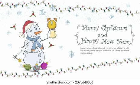 Christmas and New Years illustration for the design, the inscription congratulations in a frame, a snowman holding an alarm clock and a bell in his hand among Christmas tree toys