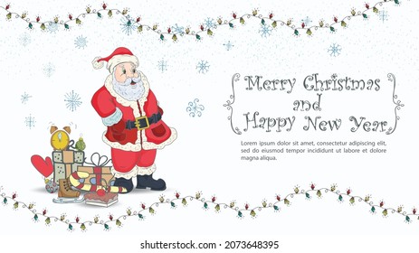 Christmas and New Years illustration for the design, the inscription congratulations in a frame, Santa Claus is standing next to a large pile of gifts