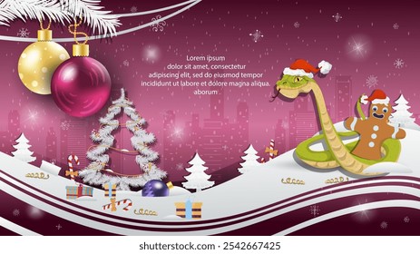 Christmas and New Years illustration with a greeting card, Christmas balls hanging on tree branches, a snake in a Santa Claus hat crawls out of a bag with gifts