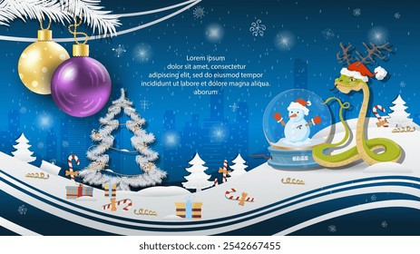 Christmas and New Years illustration with a place to fill in the text of congratulations, Christmas balls hanging on tree branches, a snake in a Santa Claus hat next to a glass ball