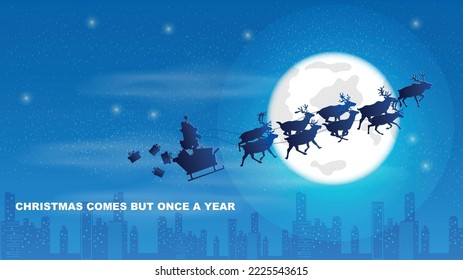 Ilustración de Navidad y Año Nuevo, un equipo de renos lleva santaclaus en el cielo nocturno, contra el fondo de la luna en la ciudad nocturna