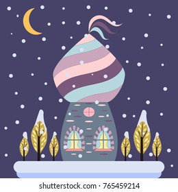 Christmas and New Year's landscape. Painted house against the background of falling snow and the moon. Doodle style in vector illustration.