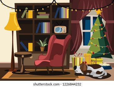 Christmas and New Years in living room vector illustration 