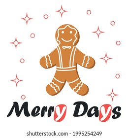 Christmas and New Year's minimal simple postcard with gingerbread man and greeting text.
