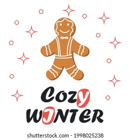 Christmas and New Year's minimal simple postcard with gingerbread man and greeting text.
