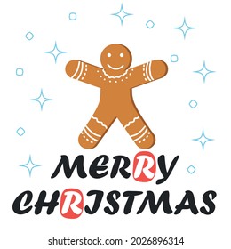 Christmas and New Year's minimal simple postcard with gingerbread man and greeting text.