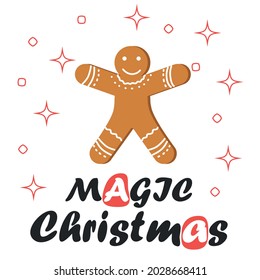 Christmas and New Year's minimal simple postcard with gingerbread man and greeting text.