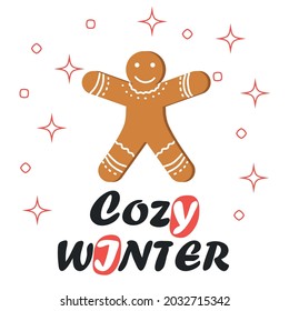 Christmas and New Year's minimal simple postcard with gingerbread man and greeting text.