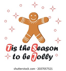 Christmas and New Year's minimal simple postcard with gingerbread man and greeting text.