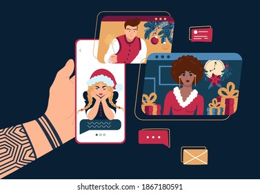 Christmas and New Years online. A man's hand in a tattoo holds a mobile phone. Pop-ups of social networks with people. Friends сelebrating in chat. Vector illustration