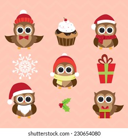 Christmas and New Year's owls in funny costumes