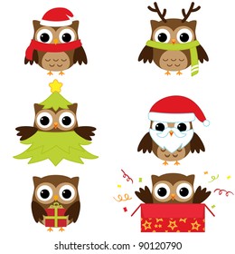 Christmas and New Year's owls in funny costumes - vector set