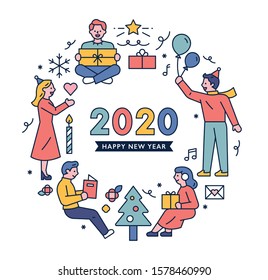 Christmas and New Year's parties are arranged in a circle layout. Various decoration icons. flat design style minimal vector illustration.