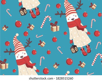 Christmas and New Years pattern. Cute Christmas white deer, balls, lantern, candy cane. A charming deer character in red boots, in a striped hat, with a flashlight in his hand.