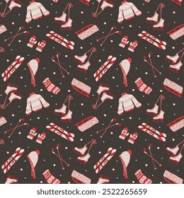  Christmas and New Year's pattern on a dark background, with skates, skis, hat, sweater, socks and mittens in the doodle style. For wrapping paper, cover, background, wallpaper and textiles.