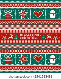 Christmas New Year's pattern pixel. Christmas pattern vector illustration, red green background. cross stitch pattern, high quality resolution for clothing decoration,