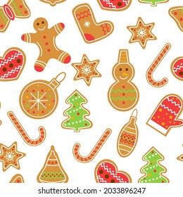 Christmas and New Years pattern with traditional gingerbread. Festive background with cookies. Baking snowman, snowflake, bells,  man, sapon and heart. Seamless template for wallpaper, packaging.