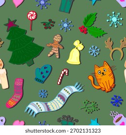 Christmas or New Year's pattern with winter and festive elements on a green background