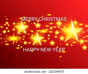 Christmas and New Years red background with Christmas Tree made of Gold Stars