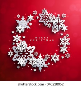 Christmas and New Years red background with Frame Made of paper snowflakes 