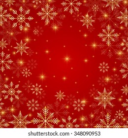 Christmas and New Years red background  with golden snowflakes. Vector illustration.