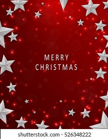 Christmas and New Years red background with frame made of cutout paper stars. Merry christmas concept. Vector illustration
