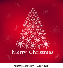 Christmas and New Years red background with Christmas Tree made of cut out paper snowflakes.
