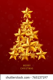 Christmas and New Years red background with Christmas Tree made of golden stars. Vector illustration.