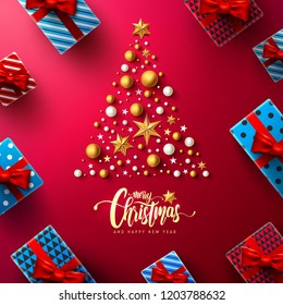 Christmas and New Years Red Poster with gift box and christmas decoration elements for Retail, Shopping or Christmas Promotion in golden and red style.Vector illustration EPS10