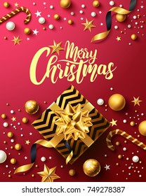 Christmas and New Years Red Poster with golden gift box, ribbon and christmas decoration elements for Retail, Shopping or Christmas Promotion in golden and red style. Vector illustration Christmas and New Years Red Poster with golden gift box, ribbon and christmas decoration elements for Retail, Shopping or Christmas Promotion in golden and red style. Vector illustration