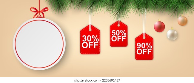 Navidad y venta de Año Nuevo. oferta especial de descuento y promoción de bolas navideñas. etiqueta vectorial de bola de Navidad. Plantilla de tarjeta de vacaciones de año nuevo. Ver el diseño de afiches del mercado. Ilustración vectorial.